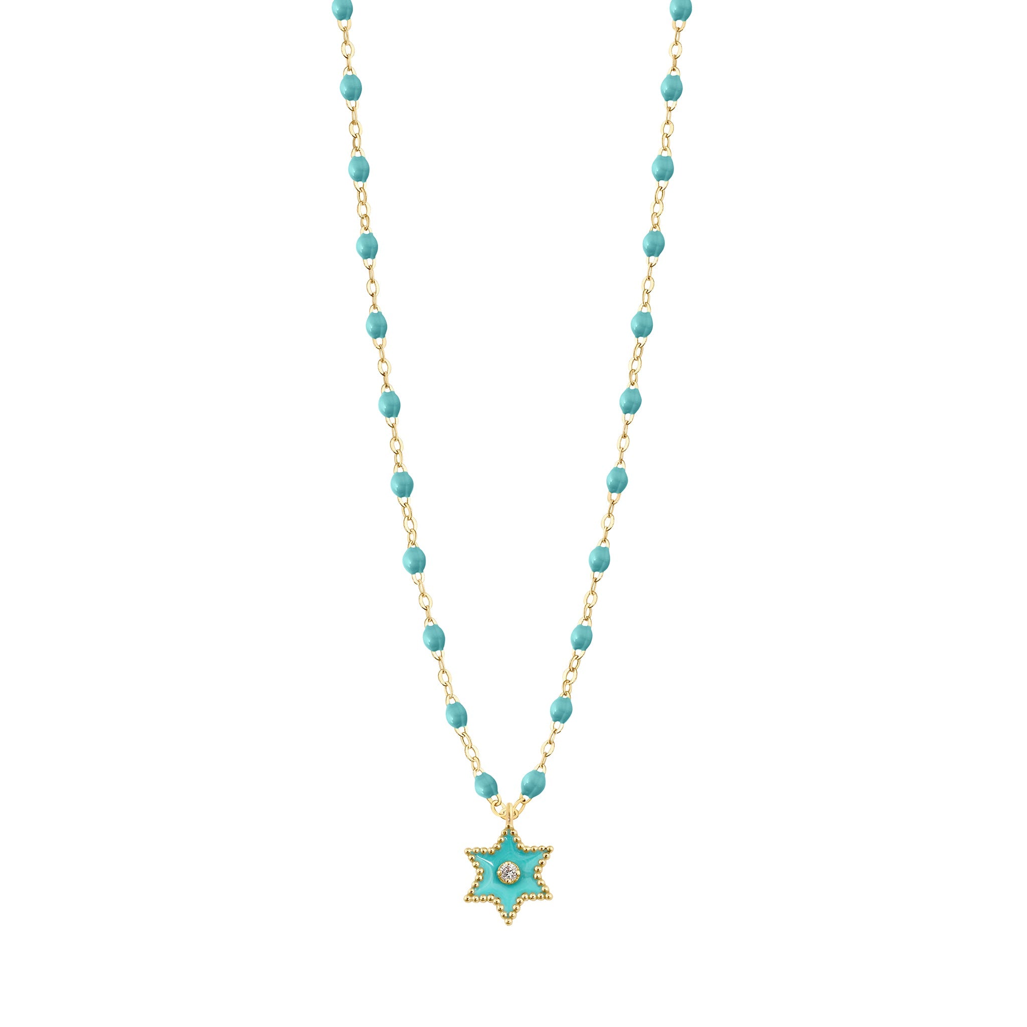 Collier Etoile Star résine turquoise vert, diamant, or jaune, 42 cm