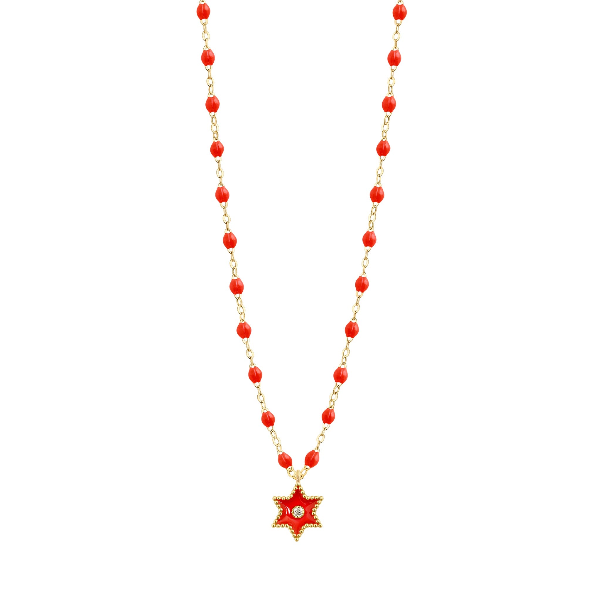 Collier Etoile Star résine corail, diamant, or jaune, 42 cm