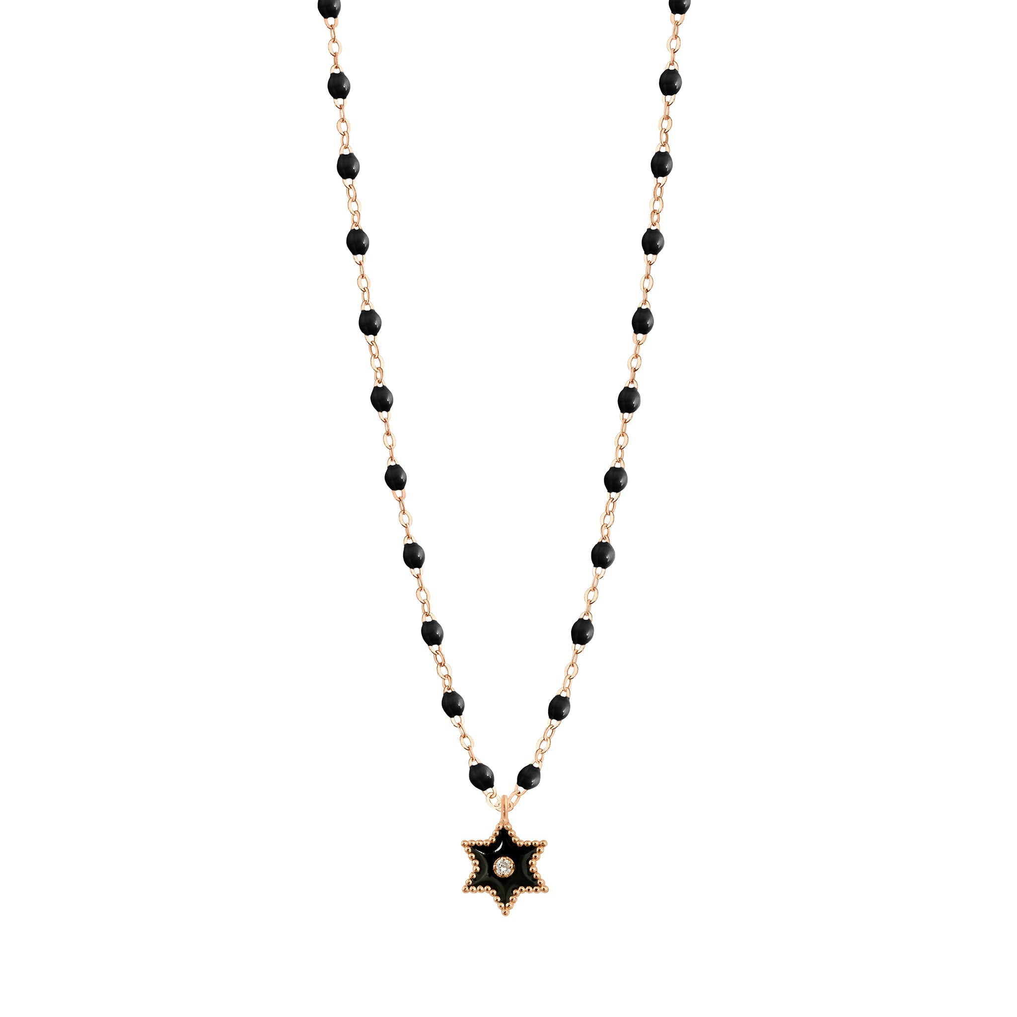 Collier Etoile Star résine noire, diamant, or rose, 42 cm