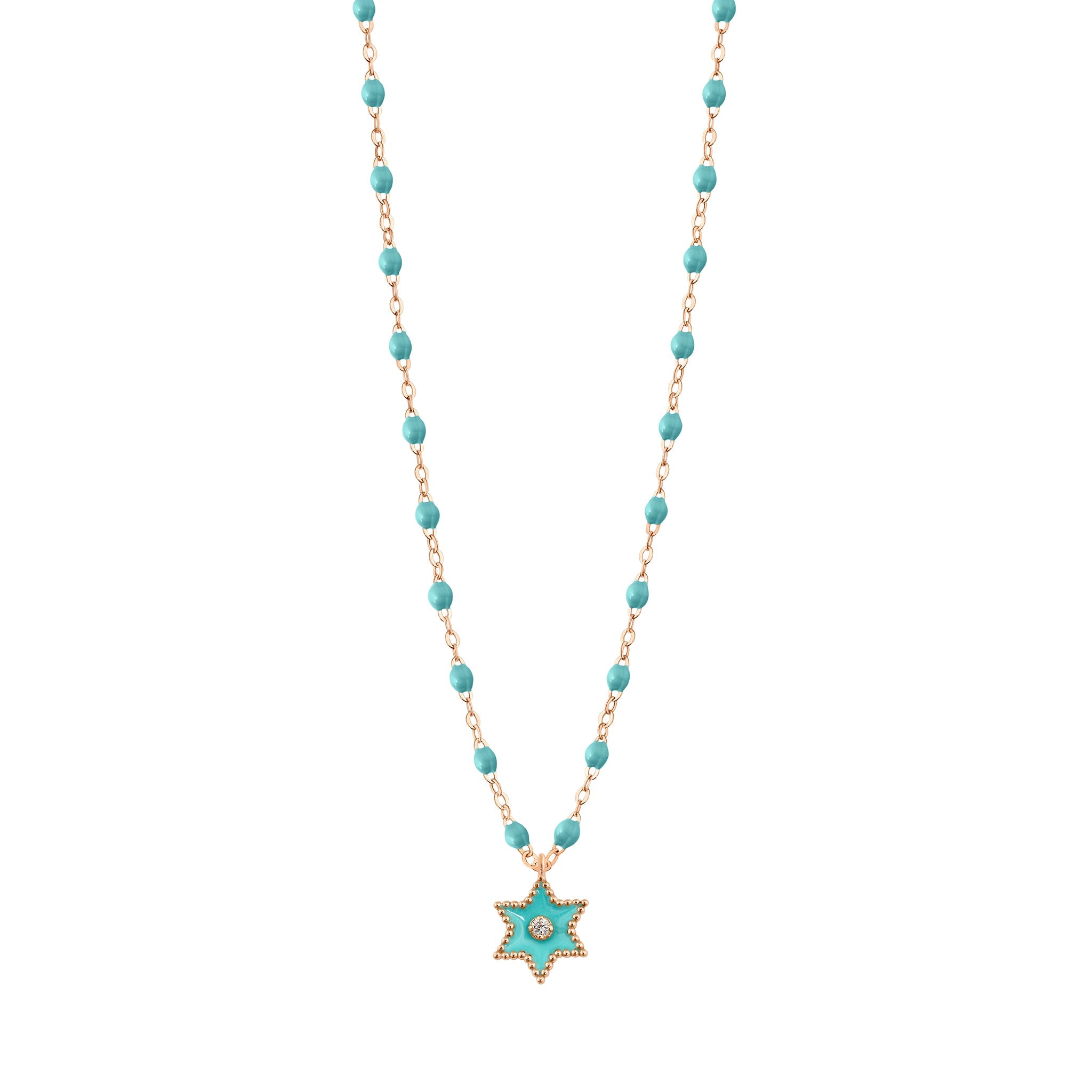 Collier Etoile Star résine turquoise vert, diamant, or rose, 42 cm