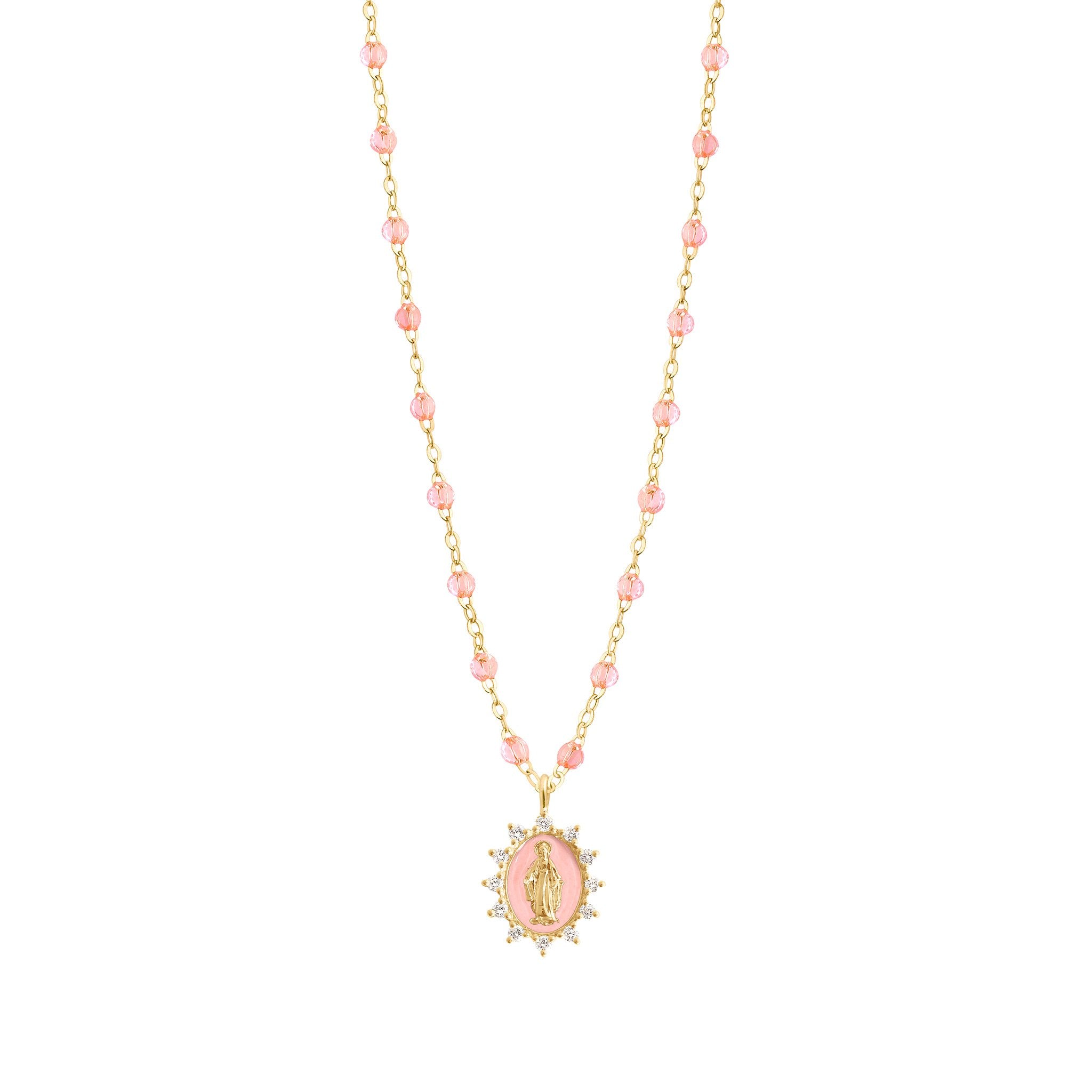 Collier rosée Petite Madone Suprême rose bébé, diamants, or jaune, 50 cm