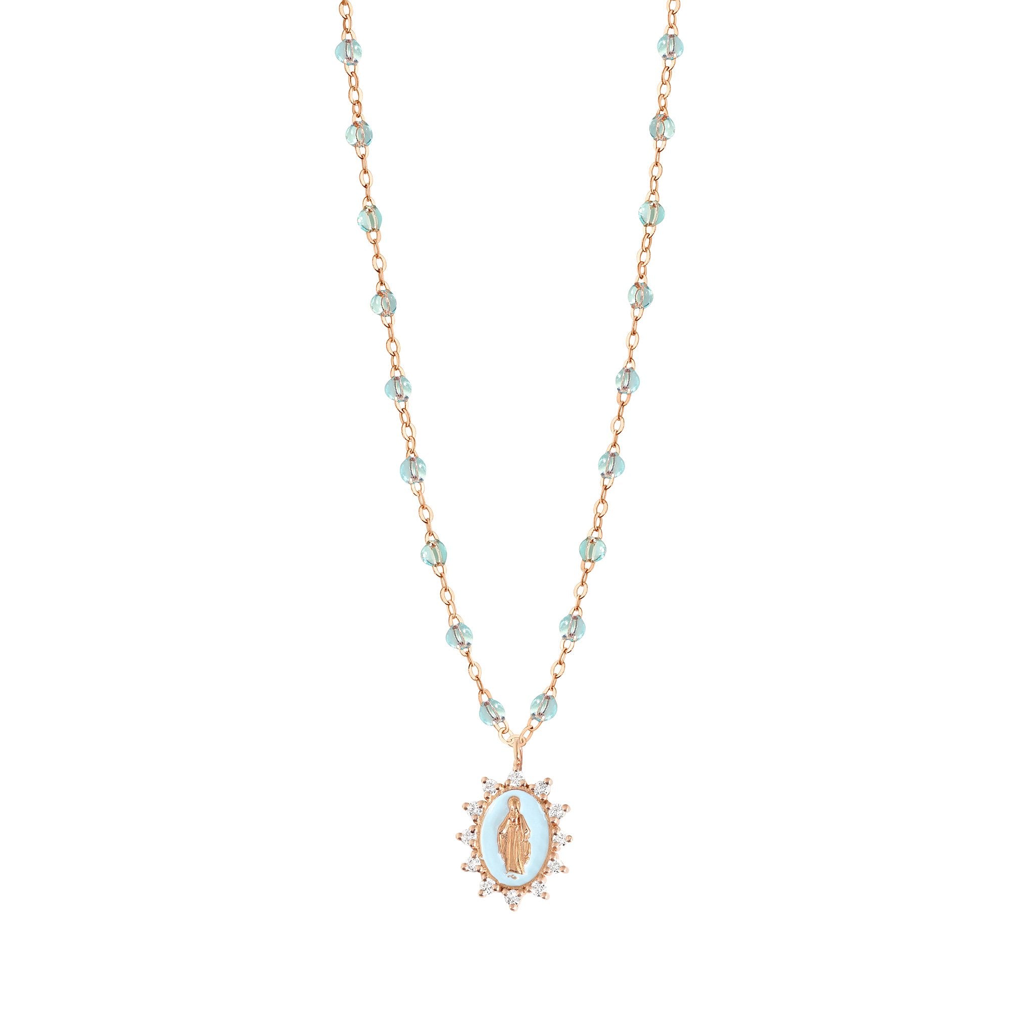 Collier Ice Petite Madone Suprême bleu layette, diamants, or rose, 50 cm