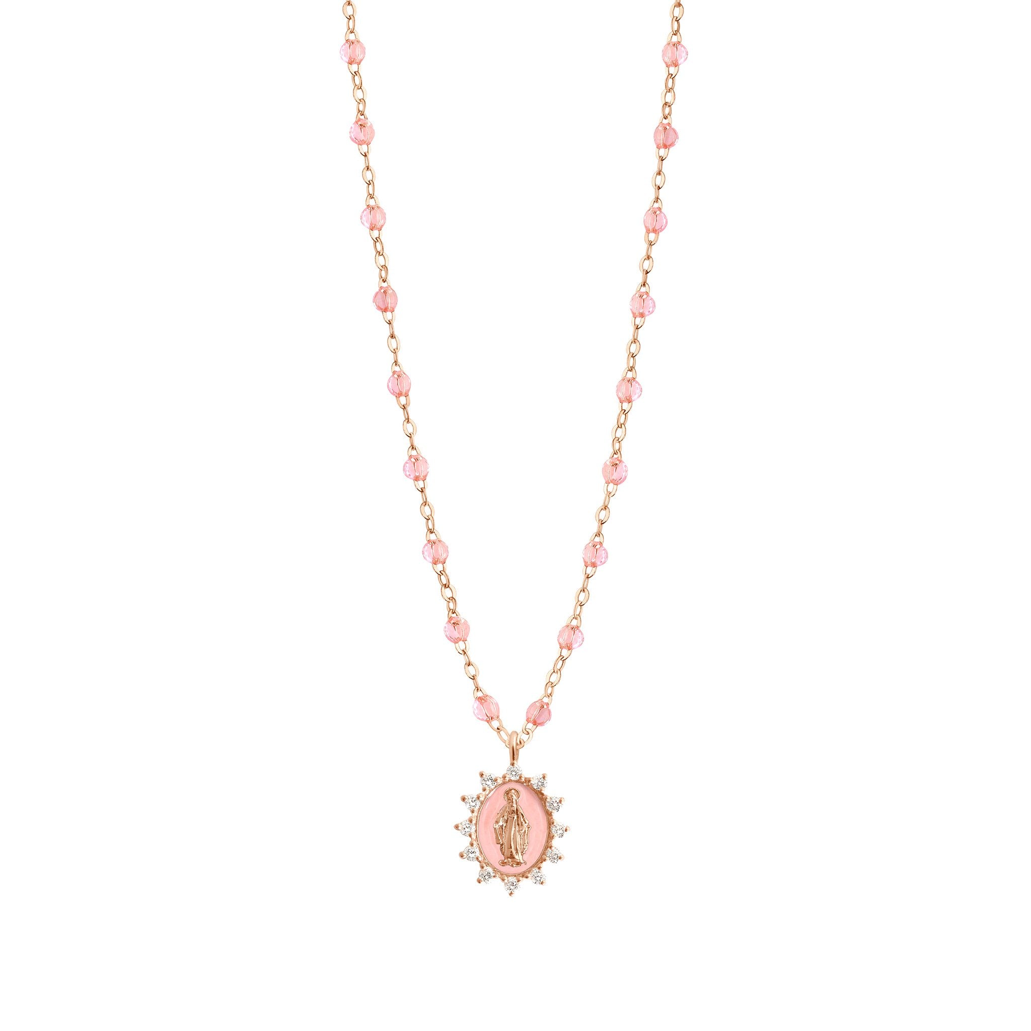 Collier rosée Petite Madone Suprême rose bébé, diamants, or rose, 50 cm