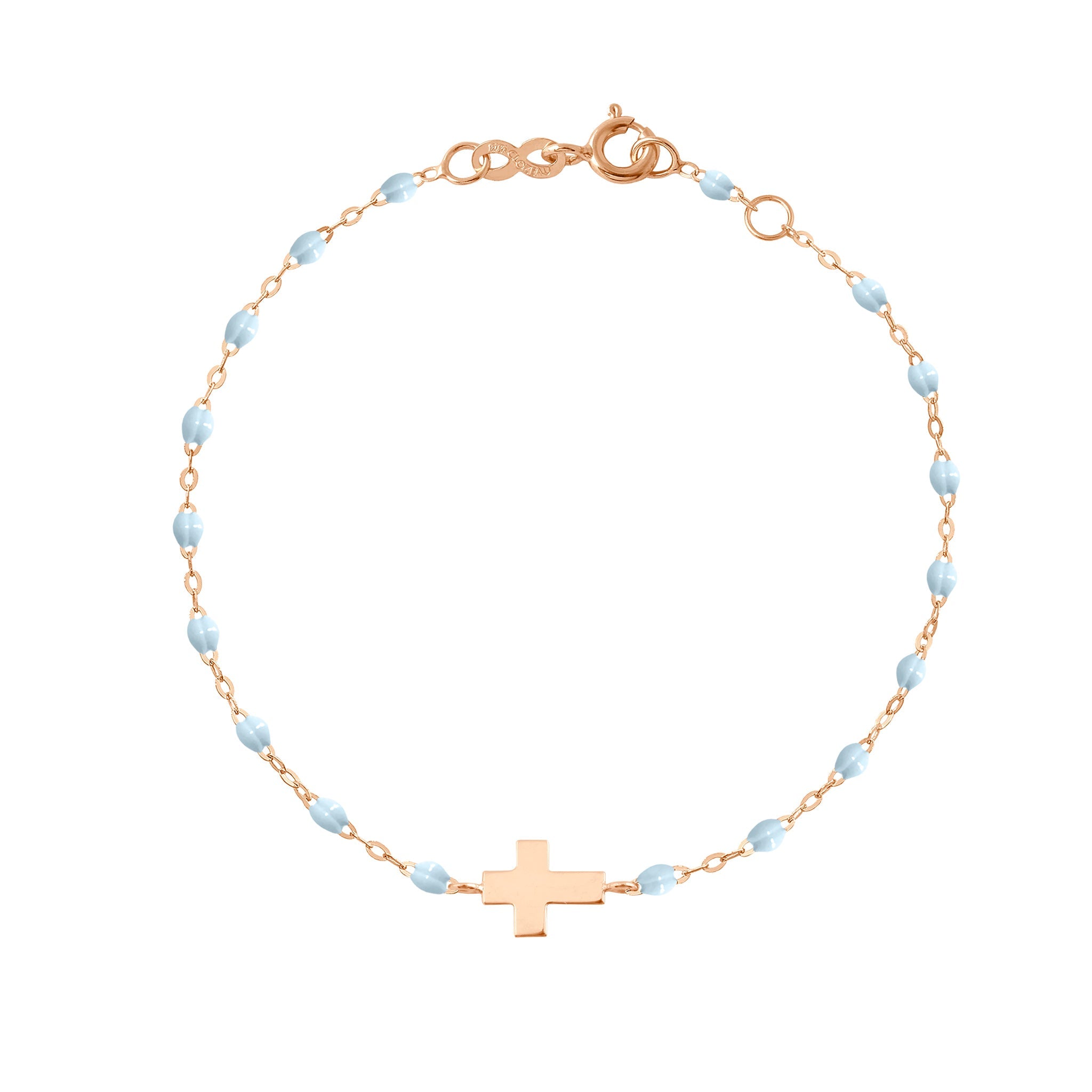 Bracelet enfant bleu layette Croix, or rose, 15 cm