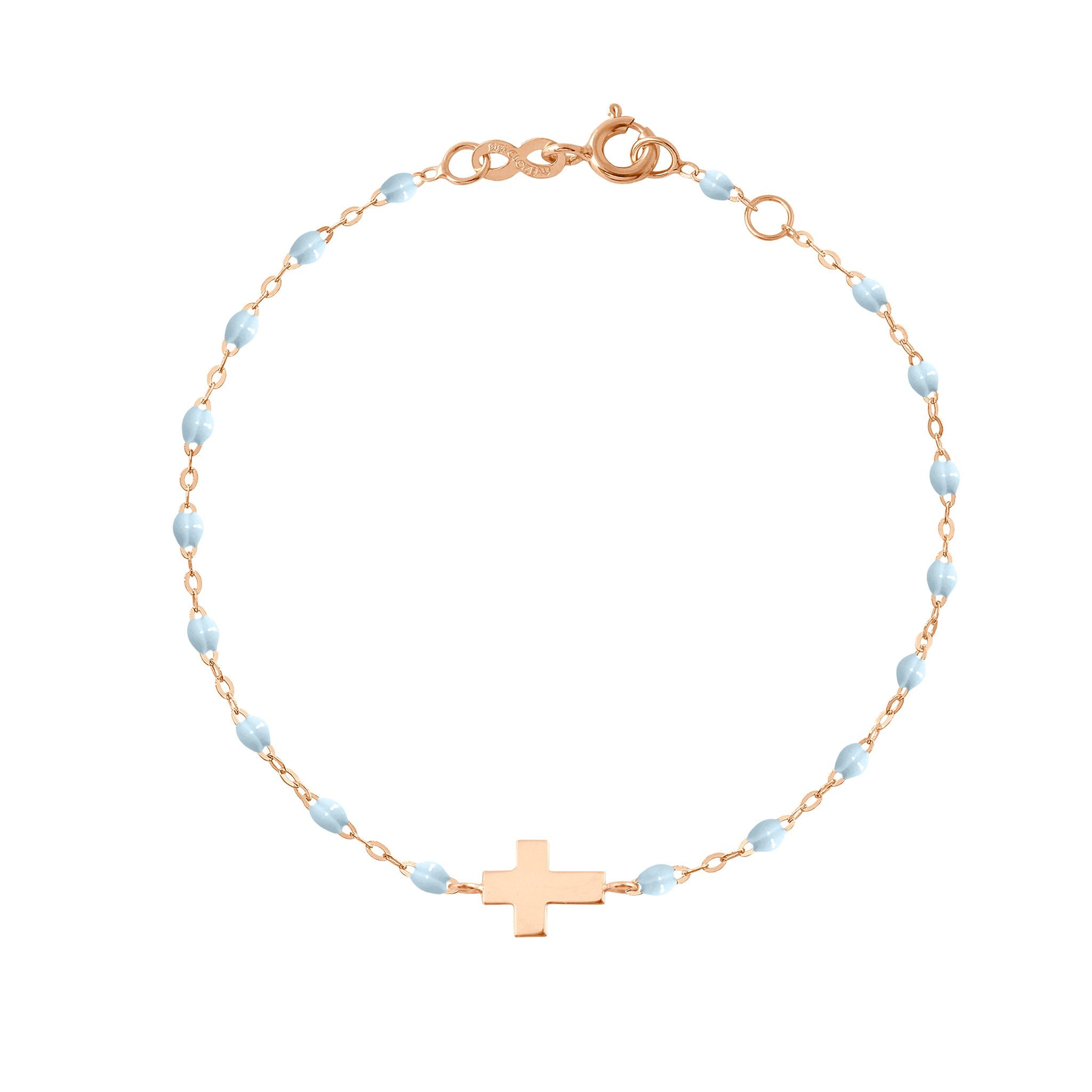 Bracelet bleu layette Croix, or rose, 17cm