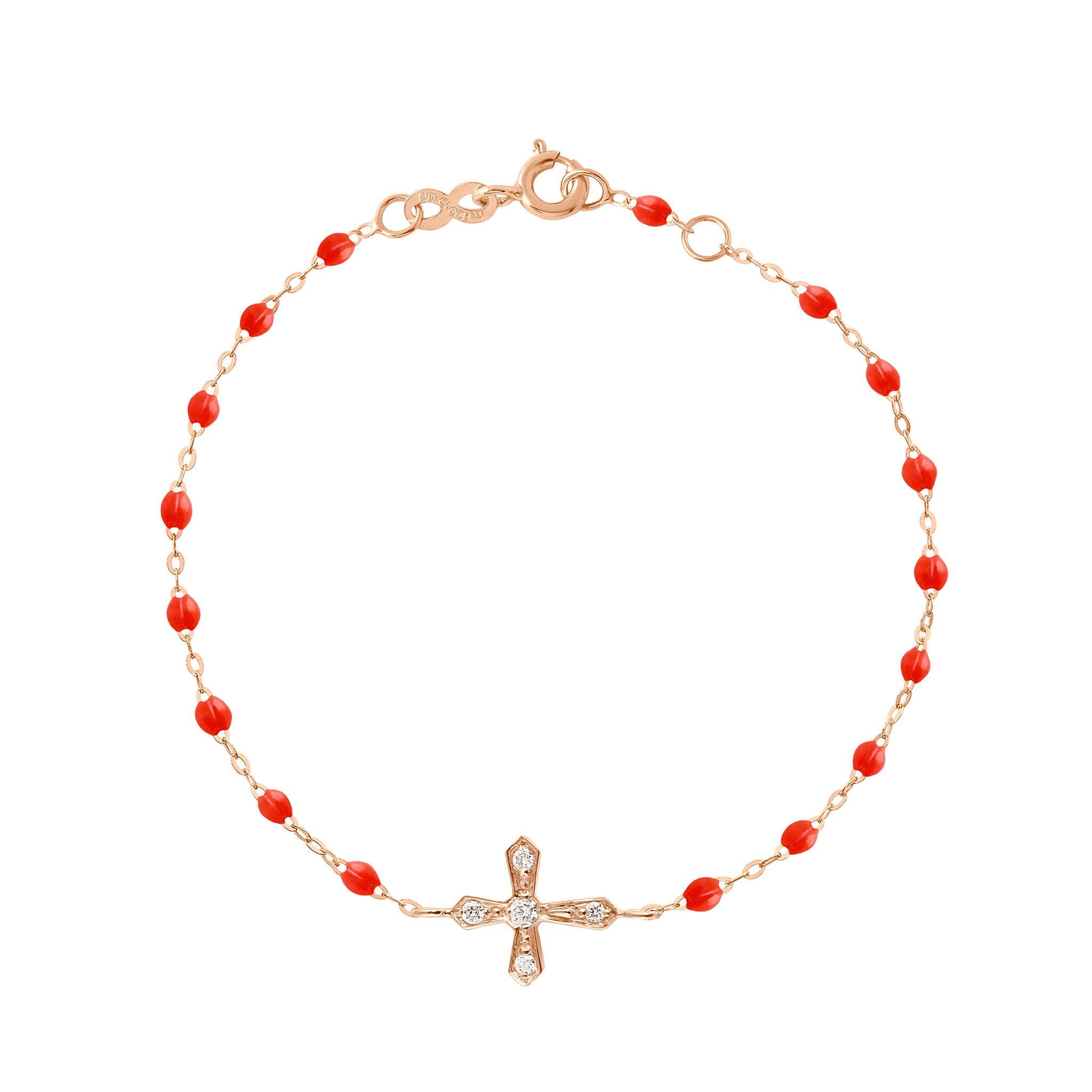 Bracelet corail Croix Vintage diamants, or rose, 17 cm