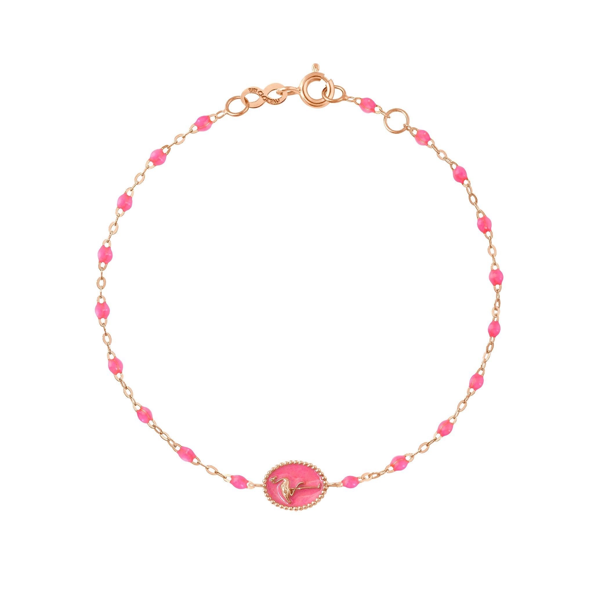 Bracelet Flamant résine rose fluo, or rose, 17 cm