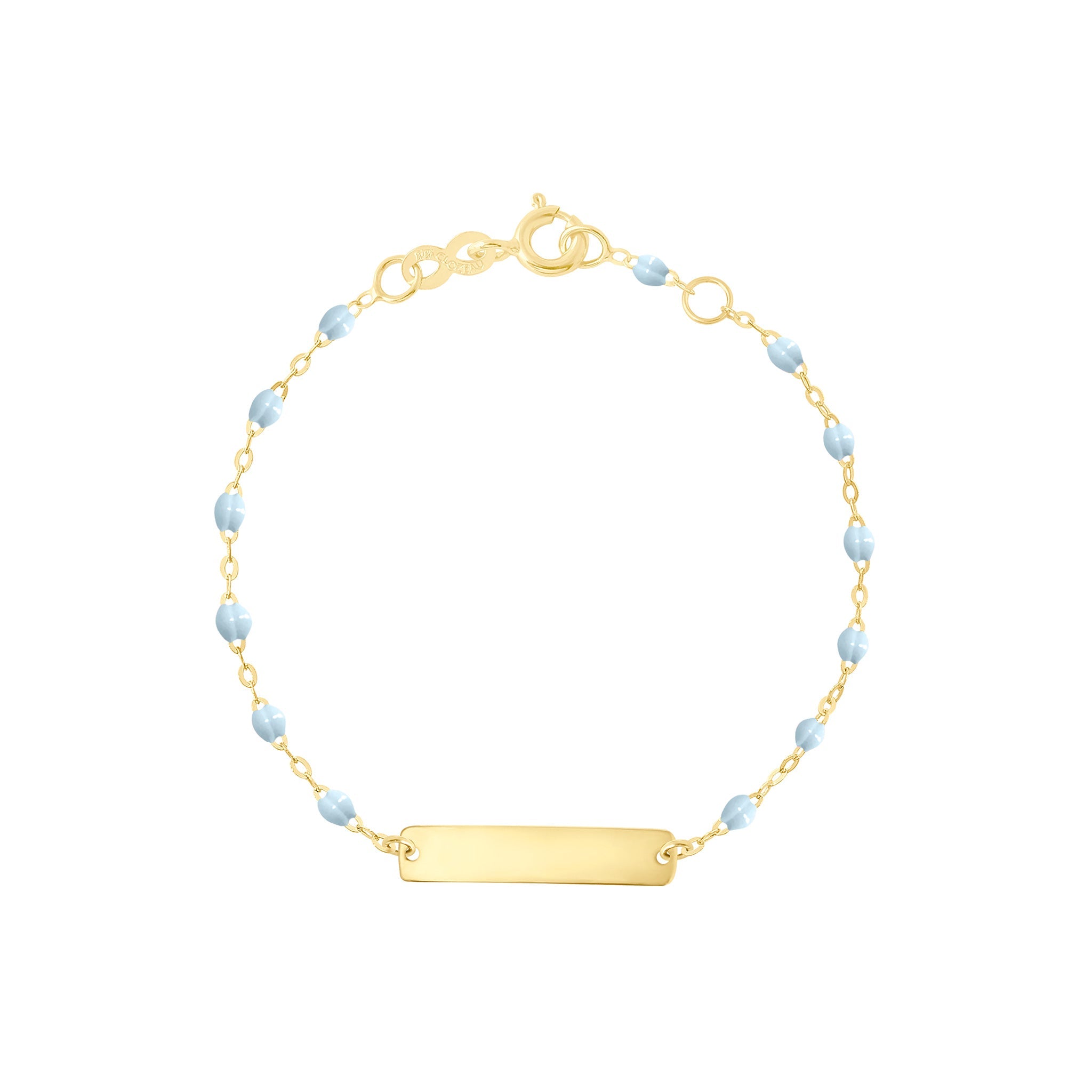 Bracelet bleu layette Little Gigi, plaque rectangle, or jaune, 13 cm