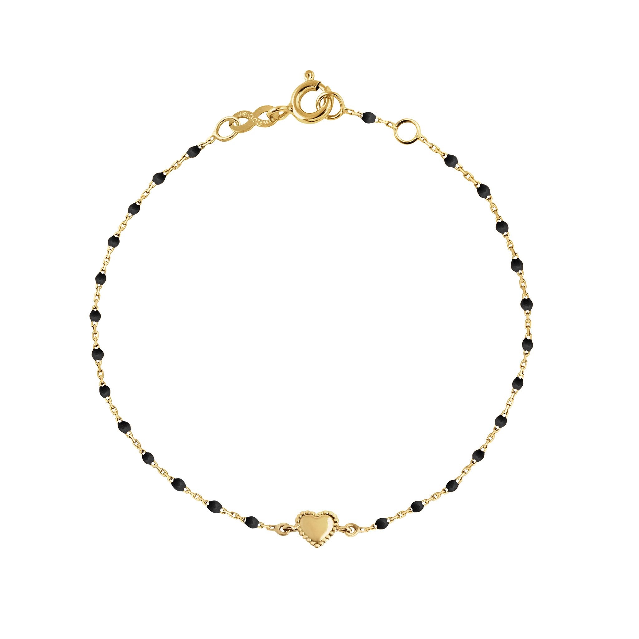 Bracelet Lucky Coeur, or jaune et mini perles de résine noire, 17 cm