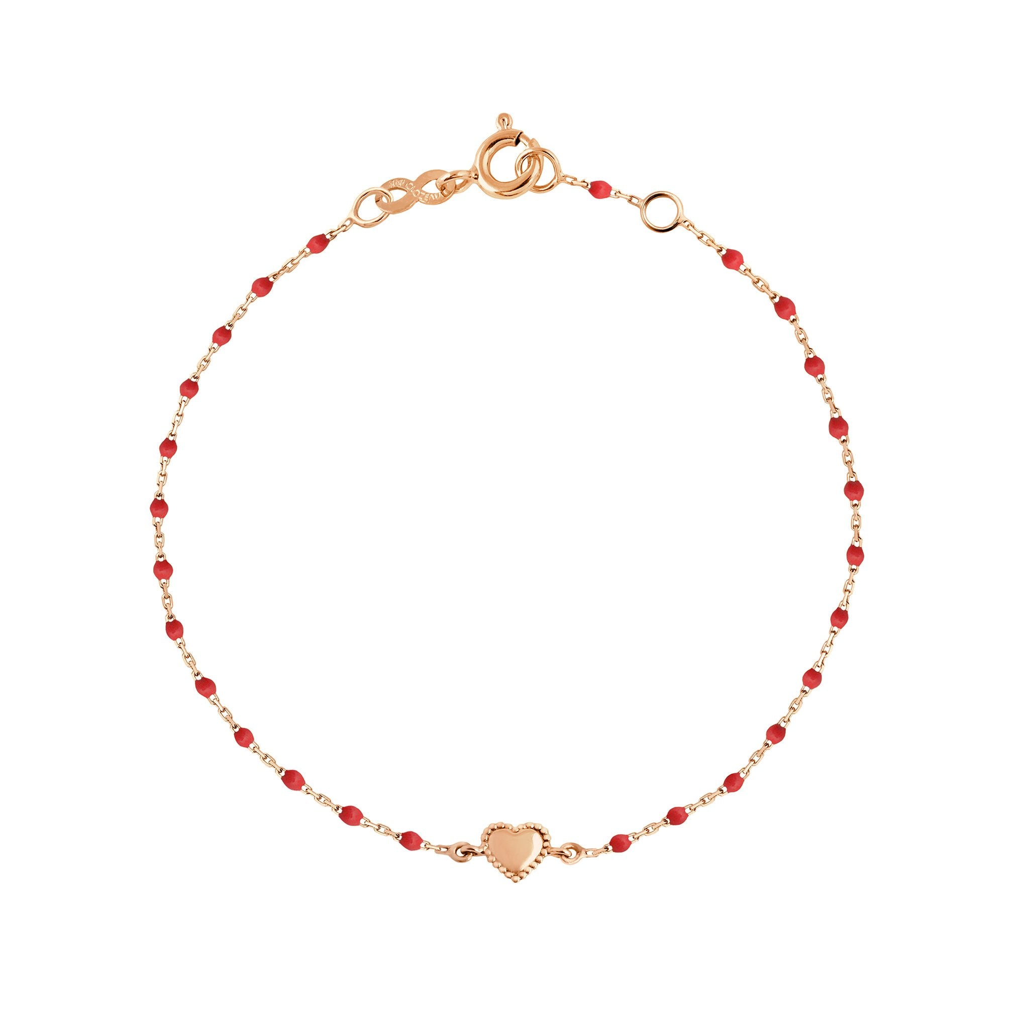 Bracelet Lucky Coeur, or rose et mini perles de résine coquelicot, 17 cm