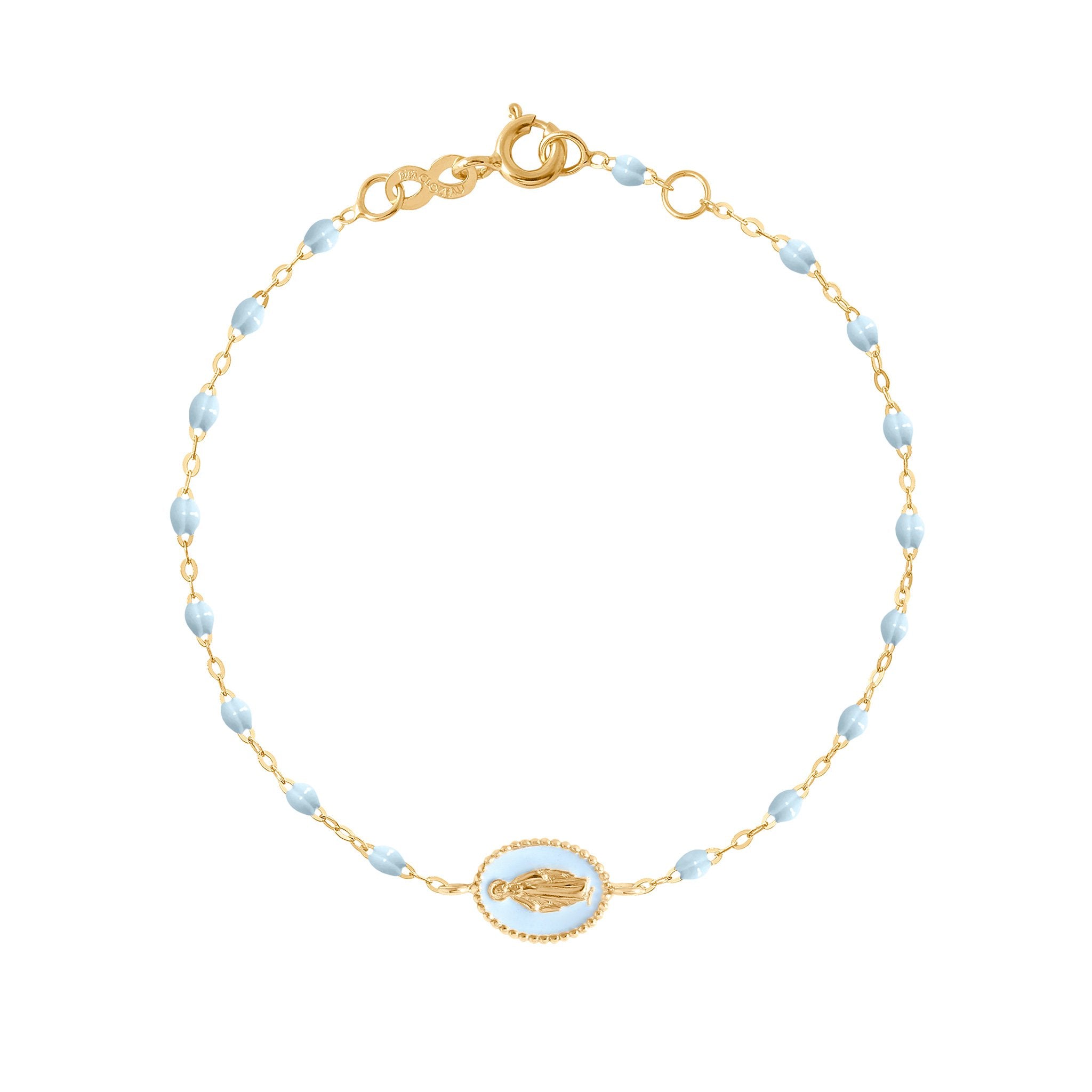 Bracelet Madone résine bleu layette, or jaune, 17 cm