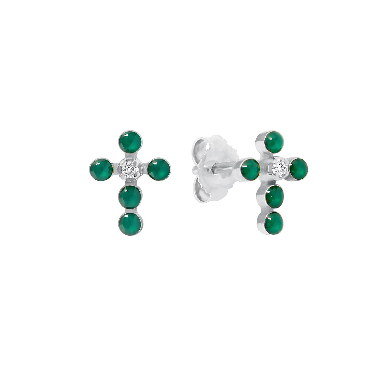 Boucles d'oreilles émeraude Croix Perlée, or blanc, diamants