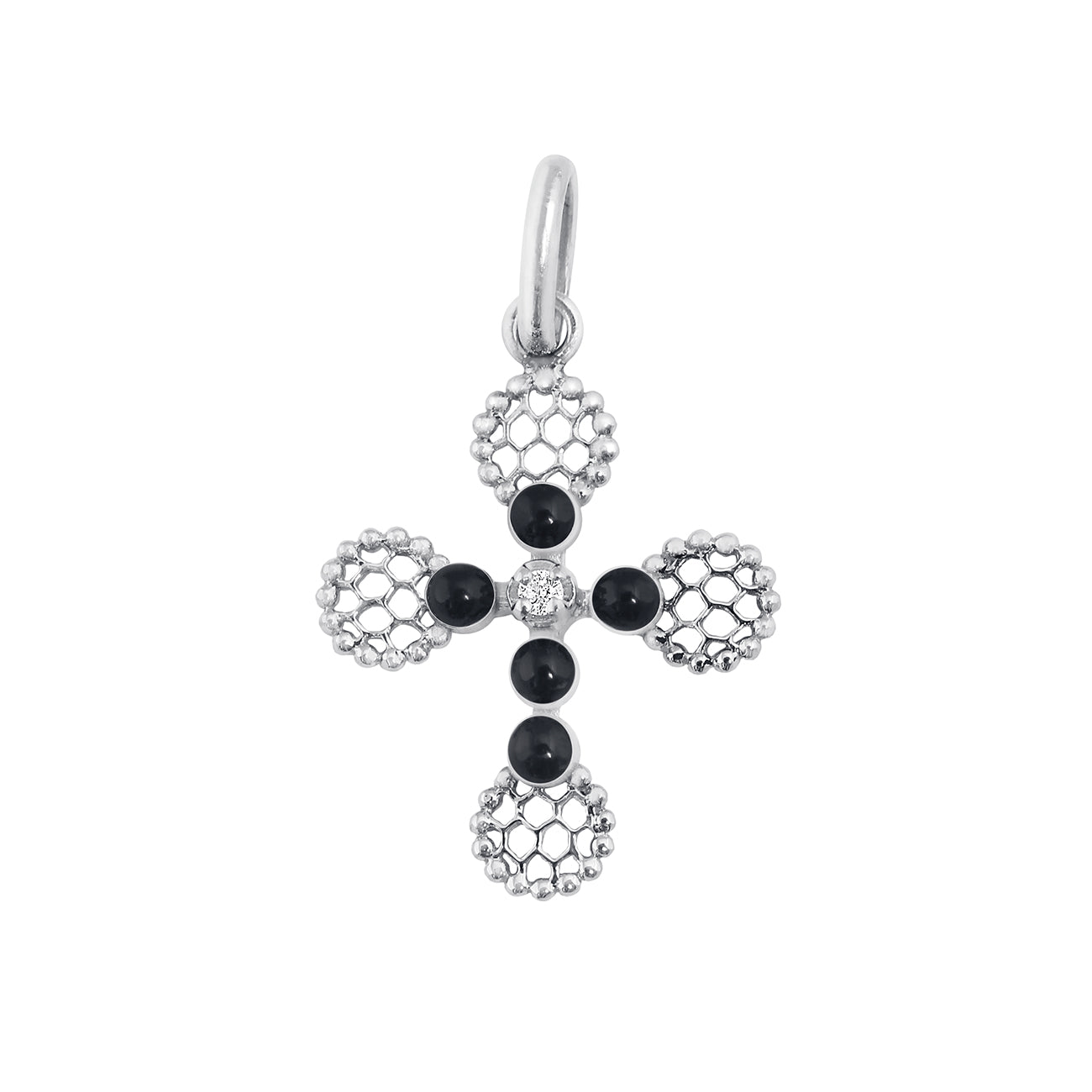 Pendentif Croix Dentelle Perlée résine noire, or blanc, diamant