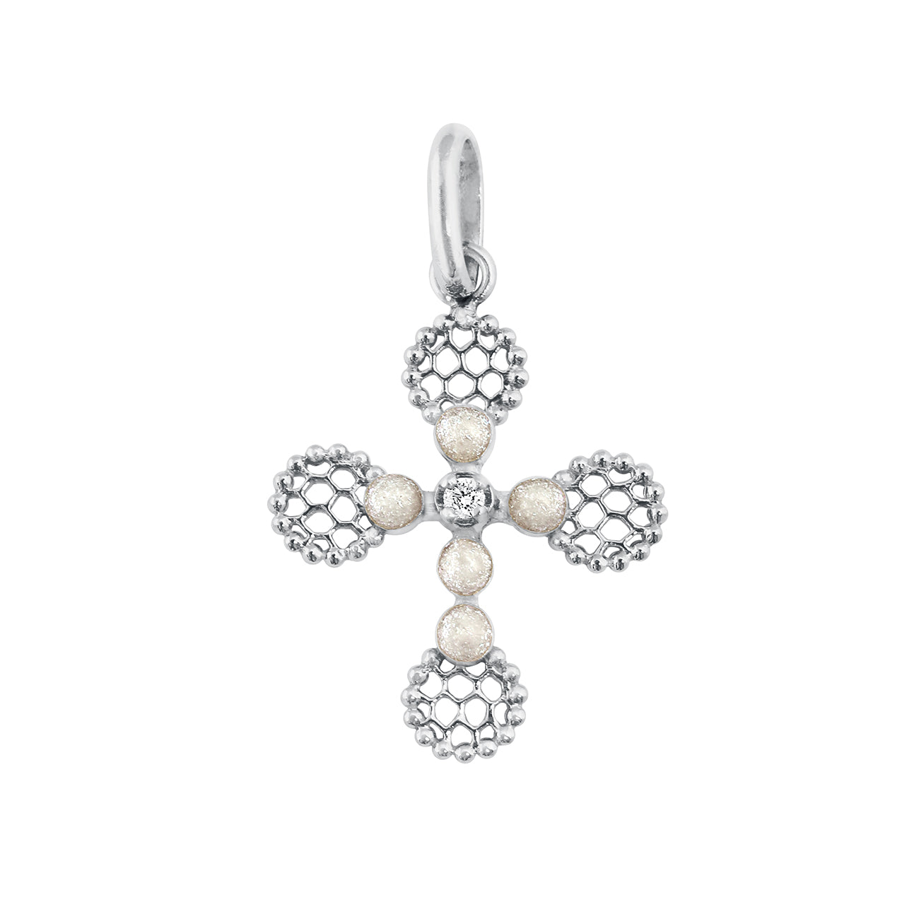 Pendentif Croix Dentelle Perlée résine opale, or blanc, diamant