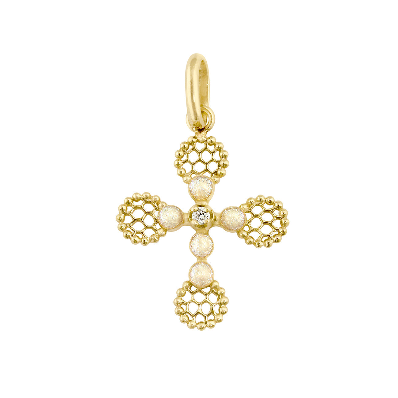 Pendentif Croix Dentelle Perlée résine opale, or jaune, diamant