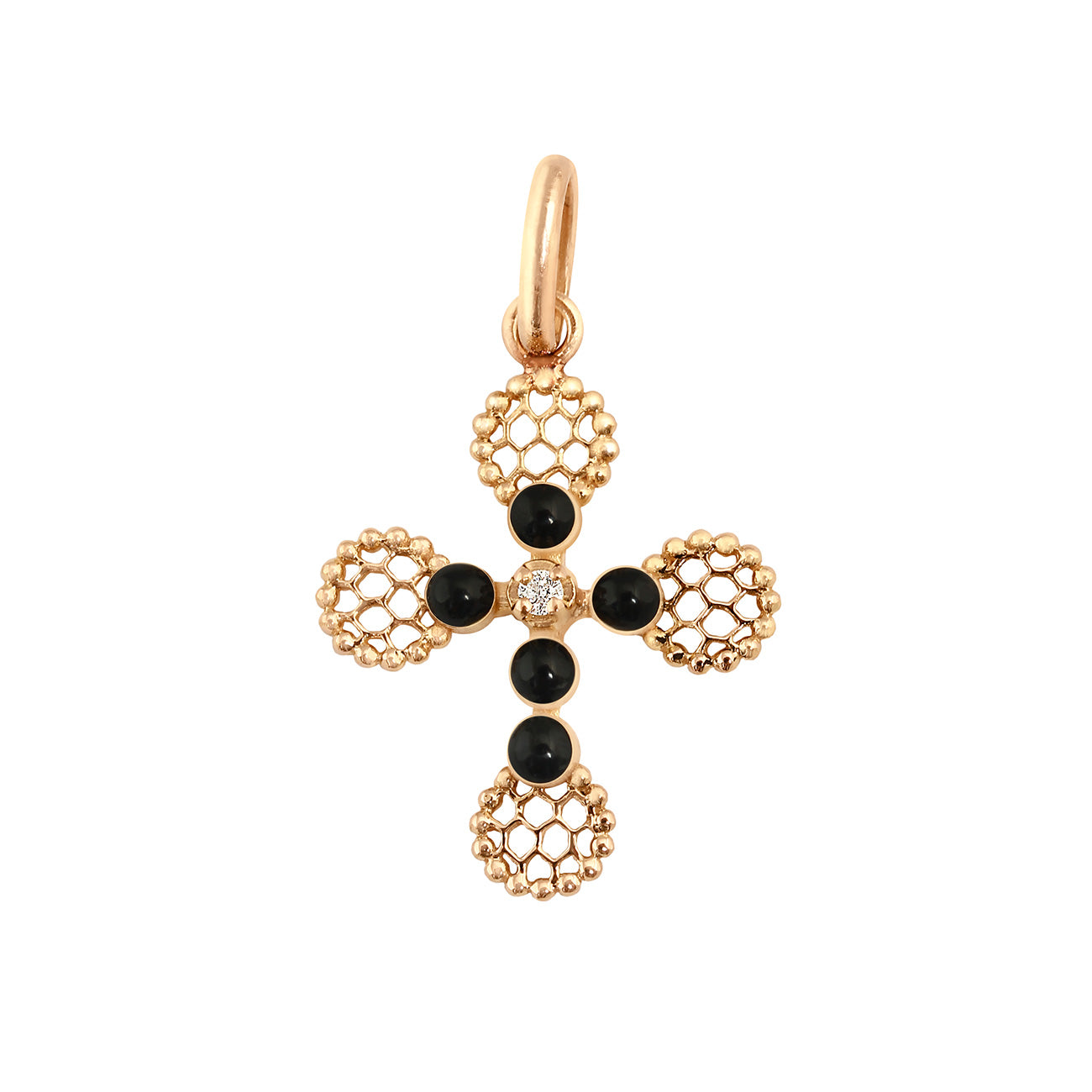 Pendentif Croix Dentelle Perlée résine noire, or rose, diamant