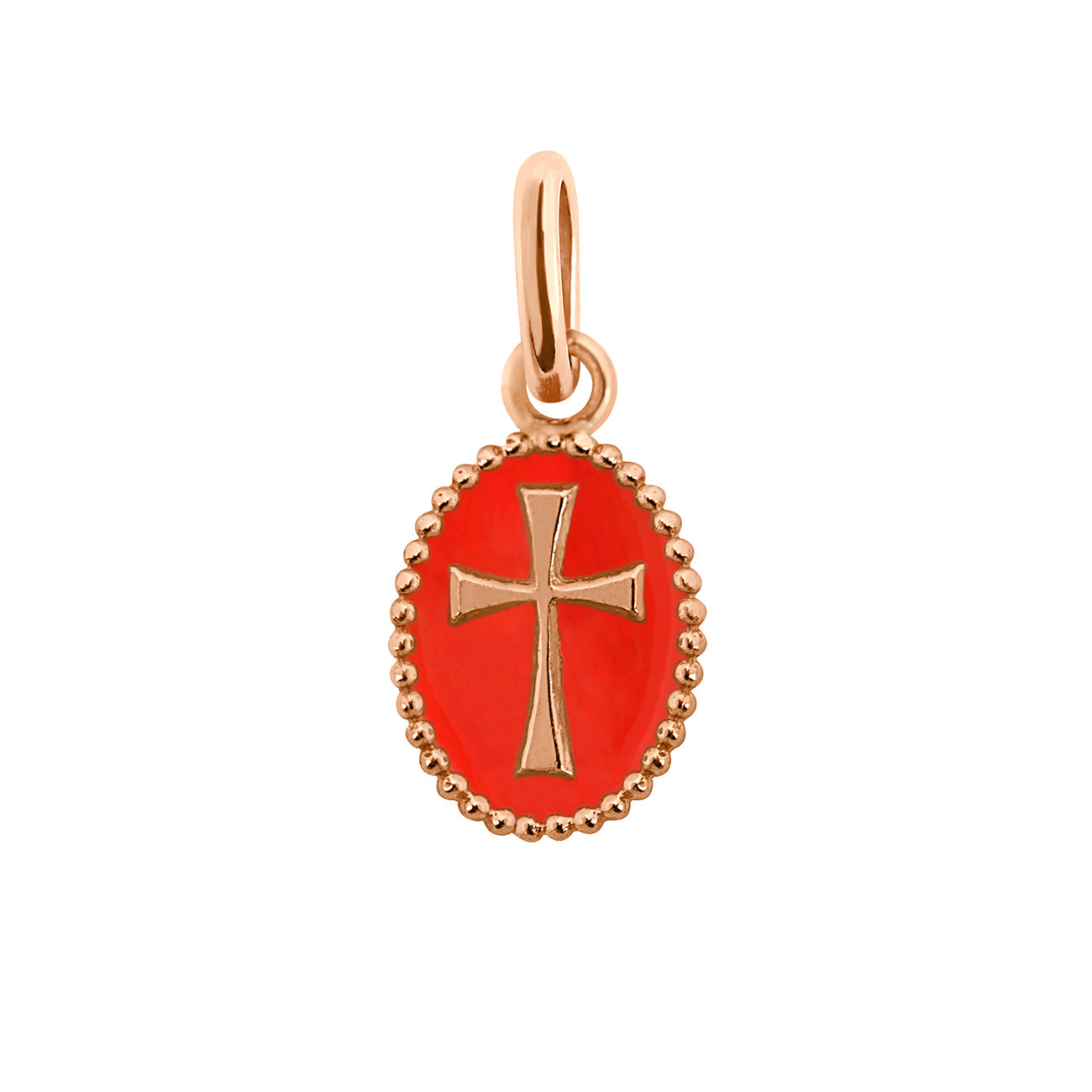 Pendentif Croix résine corail, or rose